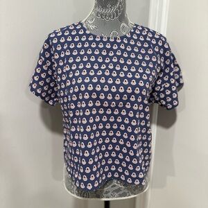 Womens S/M Cotton Boxy Lightweight blue/ red Repeat Oval Abstract Pattern Blouse